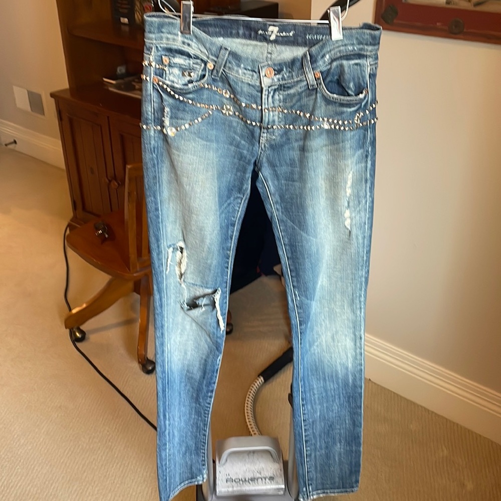 7 for all mankind embellished distressed denim jeans with studs around waist